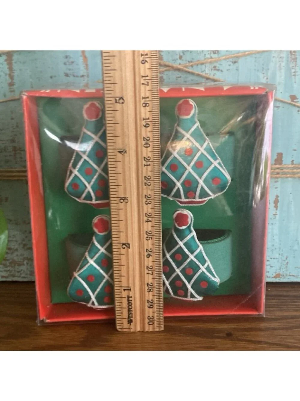 Vintage Christmas Tree Napkin Rings Green Red Satin Set Of 4 New